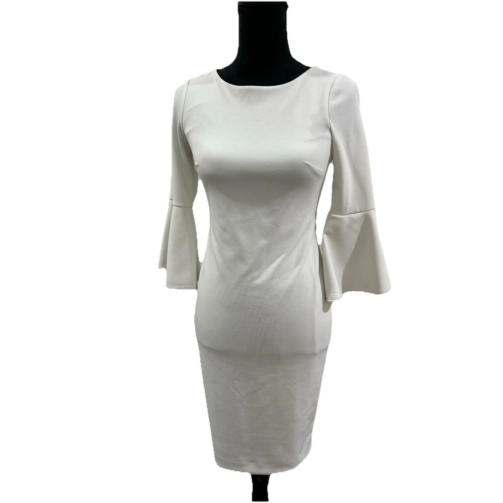 Calvin Klein Size 2P White Sheath Dress 3/4 Flare Bell Sleeves Lined Cocktail